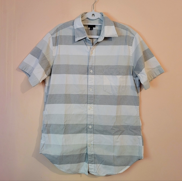 J. Crew Short Sleeve Cotton Oxford Shirt, White & Gray, M, EUC - Picture 1 of 14